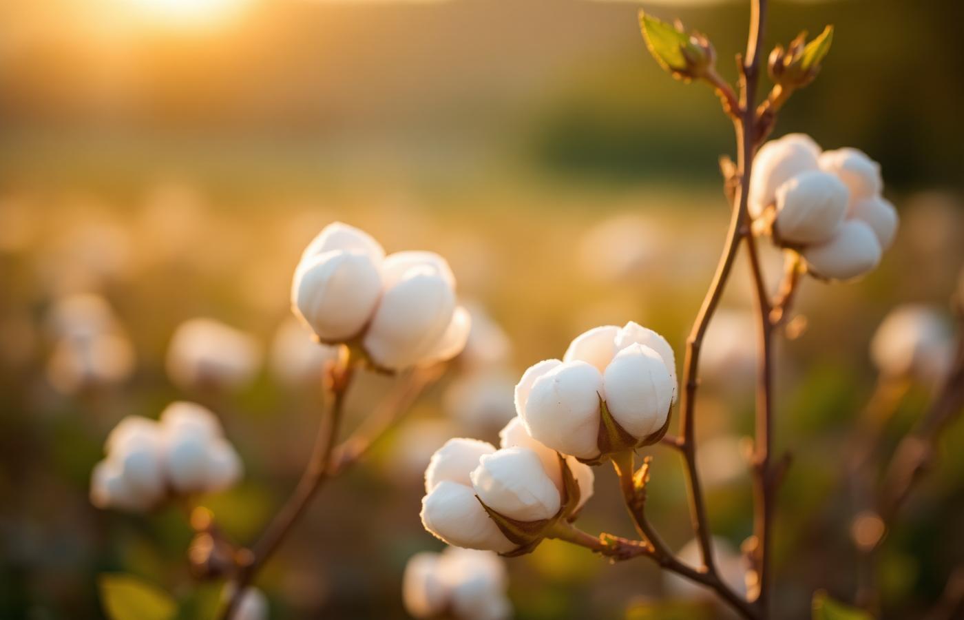 Cotton bolls in a field at golden hour