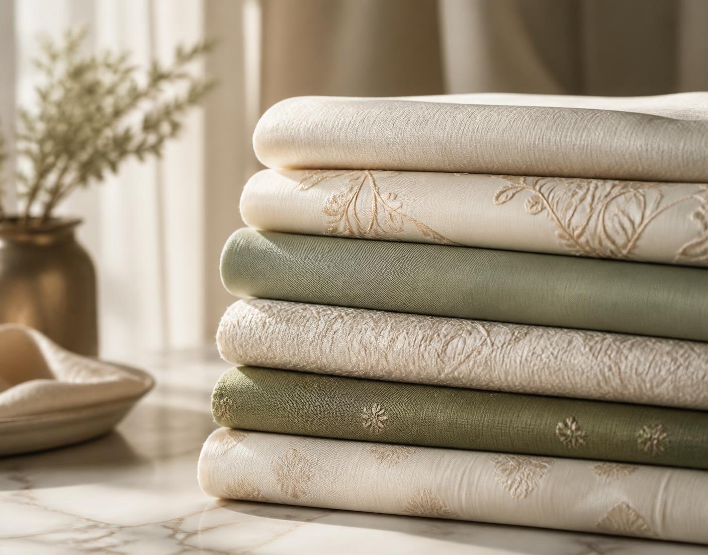 Folded premium textile fabrics in ivory and sage tones
